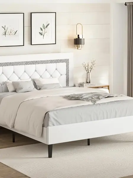 HOMBCK Queen Size Modern Platform Bed Frame with PU Leather Tufted Button Headboard, Wood Slat Support, No Mattress/Box Spring Needed, Easy Assembly - Furniture for Boys and Girls #SohoChic#Homemakeover