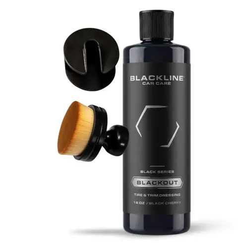 BLACKLINE Blackout Bundle - 16oz Trim & Tire Dressing with Soft Bristle Applicator Brush, Car Care for Car Enthusiasts, Smooth Satin Deep Black Shine, Dust-Resistant Coat Protection, Wheel Plastic Rubber Restoration