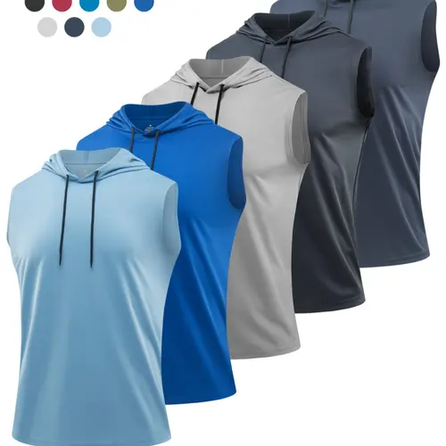 3/5-piece Men's Fitted Top, Sports Vest, Sporty Vest, Sleeveless Vest, Sleeveless Sports Wear, Plain Surface, No Zipper, Without Button, Unlined, Polyester Knit Fabric, Breathable, Quick-Dry, Comfortable