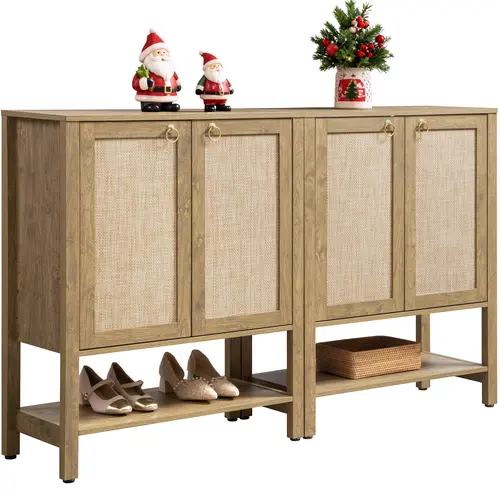 SICOTAS Rattan Shoe Cabinet with Storage - 5-Tier Farmhouse Boho Floor Standing Display, Adjustable Shelf Rack, Divided Organizer with Doors, Display Rack Shoe Storage for Entryway, Living Room