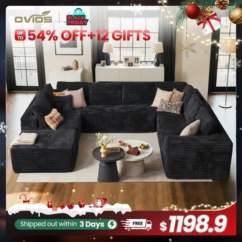 【4 Packages Shipping】OVIOS Modular Cloud Couch, Oversized U-Shaped Sectional Sofa with Chaise, Deep Seat Plush Corduroy Boneless Floor Couch with Memory Foam for Living Room & Bedroom, No Assembly Required