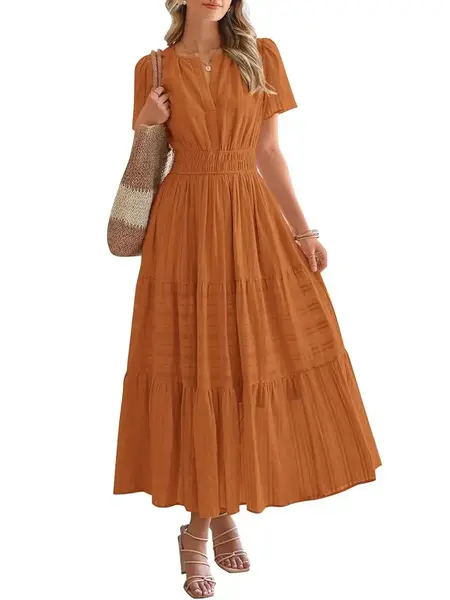 BTFBM Women's Summer 2026 Casual Maxi Dress Lightweight Short Sleeve V Neck Boho Dress with Pockets