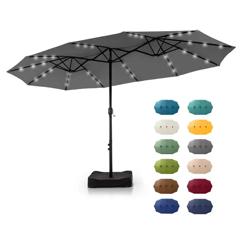 PHIVILLA 15ft Extra Large Double-Sided Patio Umbrella with Base & LED Lights - Large Steel Frame, UV Protection, Metal Base Included, Useful Crank, Grey