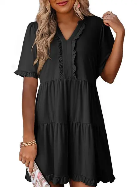 Dokotoo Womens Dresses 2026 Summer Spring V Neck Ruffle Short Sleeve Casual A-Line Flowy Swing Shift Dress Mini Dress