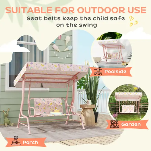 Qaba 2-Seater Kids Outdoor Patio Swing Chair - Adjustable Canopy, Safety Belt, Metal Garden Swinging Chair for Cute Fox-Themed Garden, Poolside Porch (#tiktokshopbacktoschool Outdoor Patio Swings)