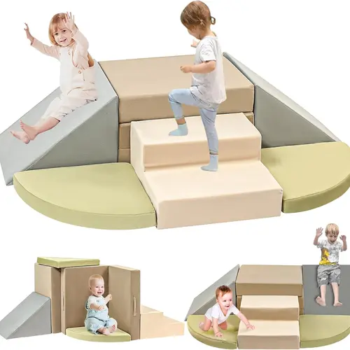 NLDD 6-Piece Toddler Climbing Toys Indoor Soft Play Baby Climbing Blocks Safe Wooden Slide Playground Equipment Durable Foam Climbing Toys for Crawling and Sliding