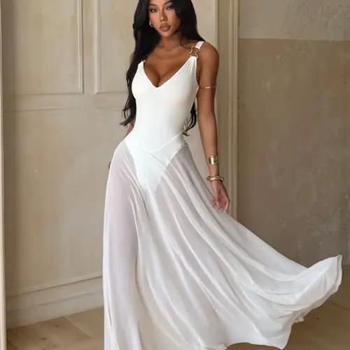 Women's Plain Minimalist Deep V Neck Tulle Sheer Cami Lightweight Fit Dress, Elegant Chic Sleeveless Maxi Prom Wedding Dress for Evening Party Holiday Wedding Guest Formal Wear, Ladies Summer Clothes, Brunch Dresses, Strap Dress