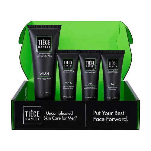 Tiege Hanley Skincare System (Levels 1-3) - Face Wash + Exfoliating Scrub + AM SPF Moisturizer + PM Night Cream + Eye Cream + Peptide Retinol Serum