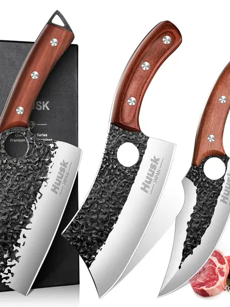 Huusk 3PCS Butcher Knife Set - Kitchenware Knives Set with Elegant Rosewood Handles, Butcher Blade for Meat Cutting, Home Cooking - Gift Idea for Christmas/Black Friday