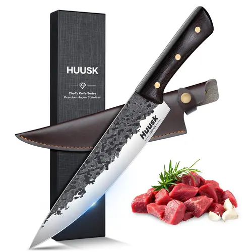 Huusk 8-in Traditional Professional Hand-Forged Stainless Steel Chef Knife, Wooden Handle Cutting Tool with Sharpening Compatibility - Ideal Father's Day Christmas Black Friday Gift for Outdoor Cooking Grilling Dads