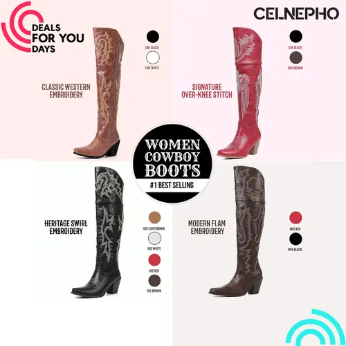 CELNEPHO Cowboy Boots for Women Over the Knee Western Boot Pointed Toe Classic Embroidered Chunky Block Heels Side Zipper Closure Comfy Easy Pull on Party Gifts Work Casual Riding Concert Festival Fall Fashion Vintage Retro Long Tall Cowgirl Dressy Shoes
