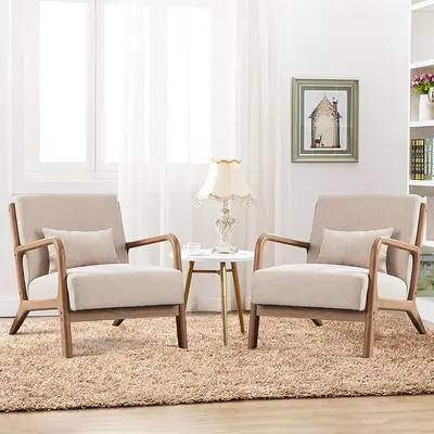 [DealsForYouDays][Set of 2]EBELLO Modern Arm Chairs , Mid-Century Modern Accent Chair Upholstered Lounge Chair with Pillow and Solid Wood Frame, Linen Fabric Comfy Chairs for Living Room Interior Design Home Decor