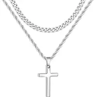 Cross Necklace for Men, Layered Mens Cross Necklaces Stainless Steel Cross Pendant Cuban Link Rope Chain