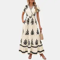 PrettyGarden Women's Summer Casual V Neck Boho Maxi Dress Flowy Aline Bell Sleeve Tiered Floral Dresses with Pocket Comfort Bohemian Womenswear V-Neck Short Sleeve