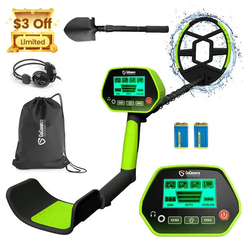 [3 OFF] GoGonova IP68 Waterproof Handheld Metal Detector, 8" High Accuracy Lightweight Search Coil, All Metal & Disc Modes, Low Power Consumption, Intuitive LCD Display, Shovel-Included Portable Tool Set for Treasure Hunts (For Kids/Adults), Batteries