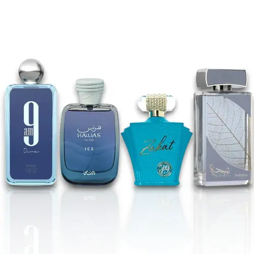 Oudlash Bundle | Afnan 9 AM Dive + Lattafa Najdia Intense + Hawas Ice + Zakat Z9 | Men's Fragrance | 100 ML 3.4 OZ | Eau De Parfum | Fresh Citrus - Green & Spicy