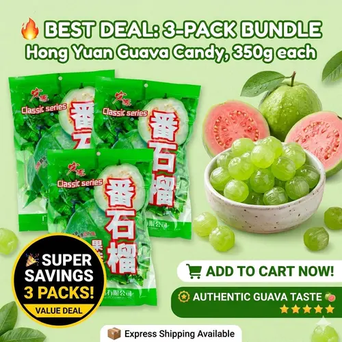 Hongyuan Asian Fruit Juice Hard Candy Variety Pack (670g / 23.63 oz) - 5-Pack Combo, 4 Flavors: Classic Guava, Mango Pomelo Sago, Guava Lemon Tea & Green Plum Tea with Vitamin C