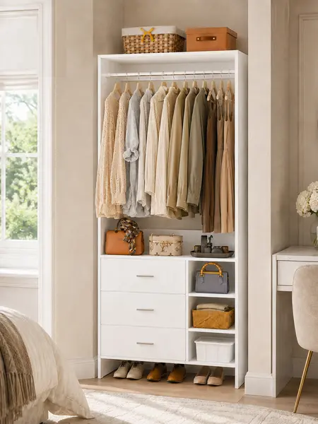 30''W Closet System with 3 Wooden Drawers and Hanging Rod, Freestanding 2.5FT Walk-in Closet Organizer Bedroom Armoire Wardrobe with Storage Shelves,dorm essentials,home decor,sohochic
