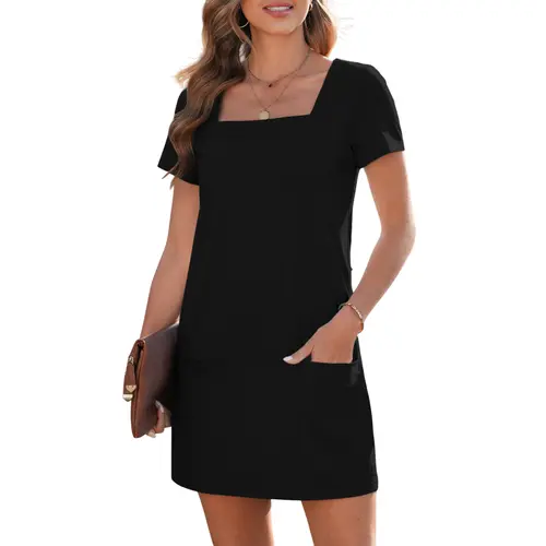 EVALESS Women's Casual Align Mini Dress - Stretchy Polyester Square Neck Shortsleeve Loose Basic Summer Outfit with Pockets, Anti-Shrink, Back to School, Women's Clothes