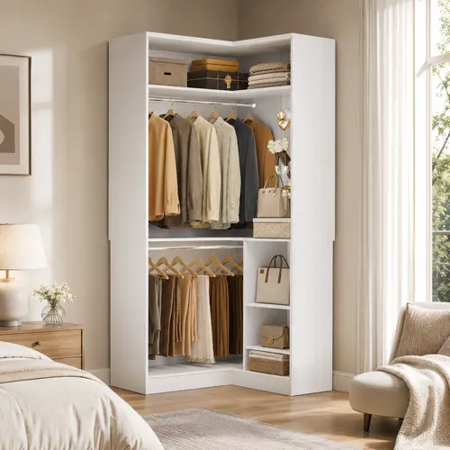 Corner Closet System with 2 Hanging Rods,Freestanding L-Shaped Walk-in Organizer Wardrobe with Shelves for Small Closet,dorm essentials,home decor,sohochic