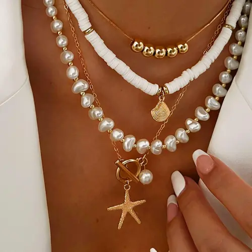 Boho Style Faux Pearl & Starfish & Shell Decor Necklace, Fashion Jewelry for Party, Daily Clothing Decor, Trendy All-match & Exquisite Jewelry for Birthday Gift, Dangling Charms Beach Boho Necklace