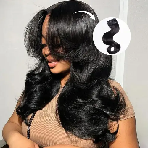 Mscoco Layered Body Wave U Part Human Hair Wig With Clip In Hair Extension Bangs 180% 250% High Density Affordable Highlight U Part Wig Balayage 1B 22 & Highlight Brown 1B 2 30 Glueless Budget Friendly U Part Wig #Sohochic
