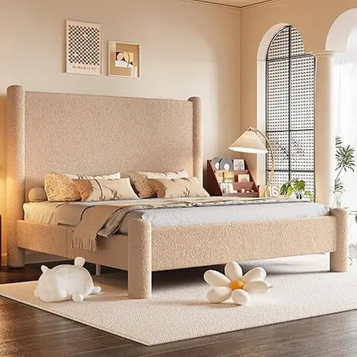 AMERLIFE Modern Bed Frame, Boucle Upholstered Bed Frame with Charging Station, Platform Bed with Soft rounded Corners, Easy Assembly, No Box Spring Required[tiktokshopbacktoschool][SohoChic]