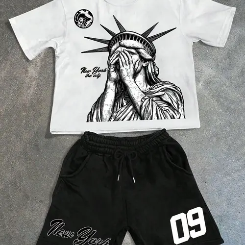 Men's Graphic Print Short Sleeve Tee & Shorts Two-piece Set, Casual Tees Set, Regular Fit Casual Round Neck T-shirt & Track Shorts, Men's Summer Clothes, Casual Style Set, Shorts Set Outfit