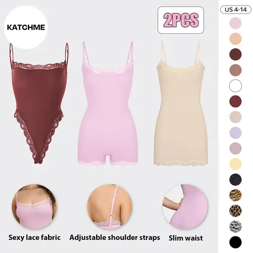 KatchMe Lace Series Women's Spaghetti Strap Lace Trim Breathable Quick-Drying Flexible Bodysuit, Chic Lightweight High Stretch Playsuit, Seamless Basic Skin-Friendly Nightdress