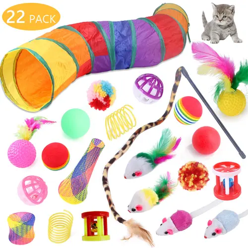 22pcs Interactive Cat Toys Set for Kittens & Indoor Cats - PP Plastic Pet Toy Kit with Rainbow Tunnel, Feather Teaser Wand, Sisal Mice, Bell Balls, Crinkle Balls for Exercise