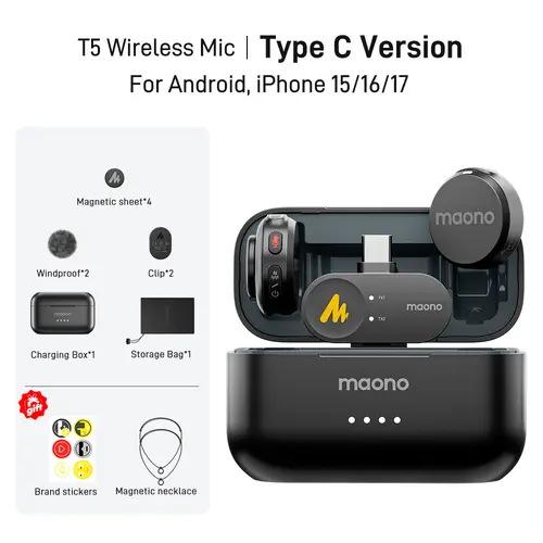 Maono T5 Adjustable Wireless Magnetic Clip-On Lapel Lavalier Microphone with Audio Noise Reduction, Magnetic Charging, Hands-Free Recording, Compatible with PC Camera, iPhone, Type-C Android, Ideal for Vlogging, Interviews,, Smartphone, Ga