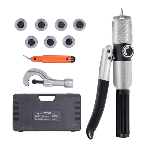 【toolupgrade】VEVOR Heavy Duty Hydraulic Tube Expander, 3/8"-1-1/8" ODH Multi-Size HVAC Swaging Kit with 7 Heads, Deburring & Pipe Cutter for Soft Metals, Hydraulic Force Tube Expanding Construction Hand Tool