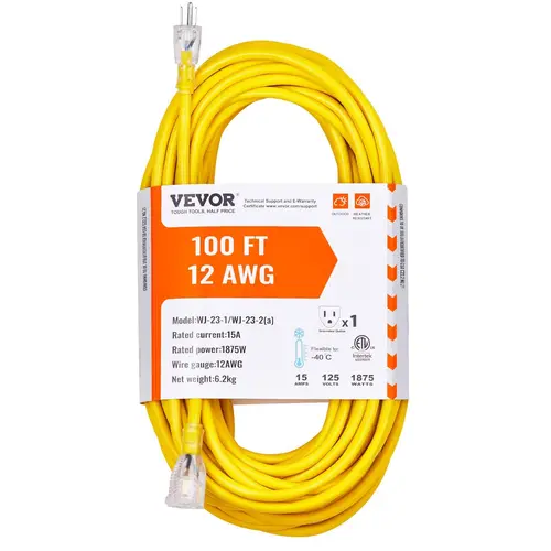 【toolupgrade】100FT Heavy Duty Extension Cord 12AWG 15Amps 1875W 3 Prongs with Lighted End