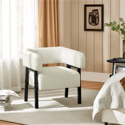 Yaheetech Textured Corduroy Barrel Chair - Modern Upholstered Armchair with Foam, 36 Pocket Coils, Solid Wood Legs, 27.5in W×26in D×27.5in H, 20″ Depth, Soft-Body Living Room Furniture, Chair for Bedroom Reading, Living Room Chairs