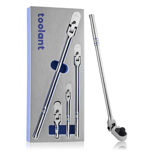 Toolant 4Pcs Flex Head Ratchet Socket Wrench Set - 1/4"-3/8"-1/2" Drive, 90‑Tooth Precision gear, 180° flex, 11 positions, longer grip handle, 1.5x ASME torque dominance, compact low-profile head, mechanic tools for DIY enthusiasts, Father's Day gifts too