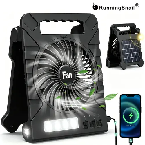 Foldable solar-powered camping fan, portable fan with rechargeable lithium battery and LED light, 4-speed adjustable wind speed, timer function, essential for tents, travel, beach, hiking, barbecue, outdoor and indoor camping