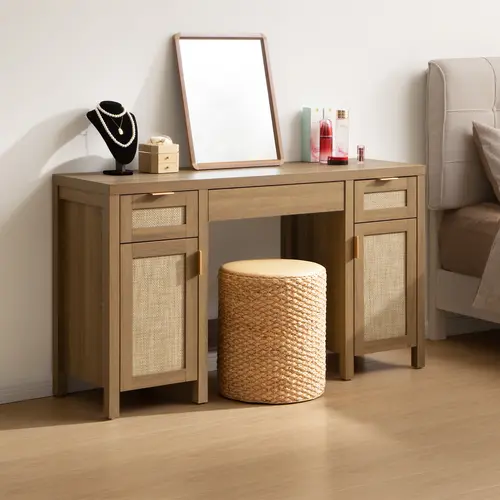 SICOTAS Rattan Rectangular Makeup Vanity Desk - 52" Large Farmhouse Boho Modern Vanity Table with 3 Drawers, 2 Storage Cabinets, Natural Oak for Dresser Organization, Home Office, Makeup Room