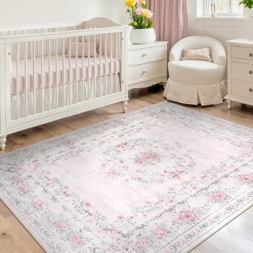 Lahome Boho Printed Flower Area Rug - Pink, Soft, Non-Slip, Machine Washable Farmhouse Style for Bedroom House Decor, Washable Rugs, Cute Room Stuff, Girl Room Accessories