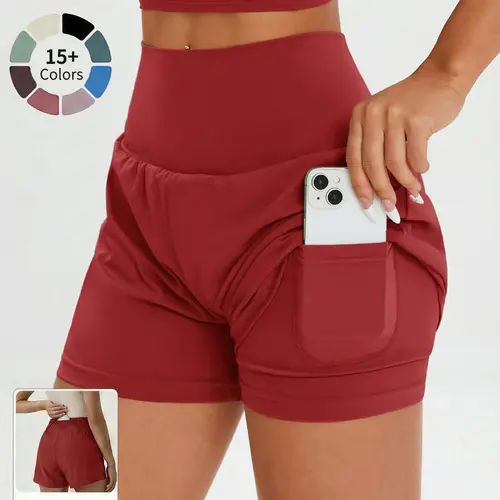 Summer Workout Sharkskin Stretch Multi-color Fake Two-piece Gym Running Shorts, Athletic Wear Shorts, Anti-chafing & Anti-ride-up Yoga Shorts with Inner Pockets, Athletic Fitness Shorts Workout Clothes Women