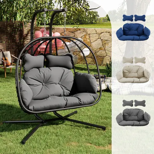 Egg Swing Chair with UV Resistant Removable & Washable Cushions, Outdoor Indoor Wicker Rattan Egg Hanging Chair with Stand-350/700lbs Capacity, Perfect for Bedroom, Balcony, Garden, Poolside
