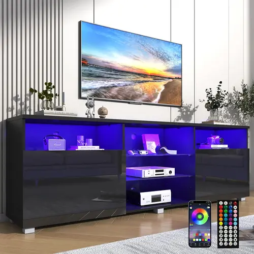 High Glossy LED Black TV Stand for 60/65/70/75/80/85/90/95 inch TV,Modern LED Entertainment Center with Adjustable Storage Shelves,Game Console Entertainment Center,TV Table Media Furniture (Black)