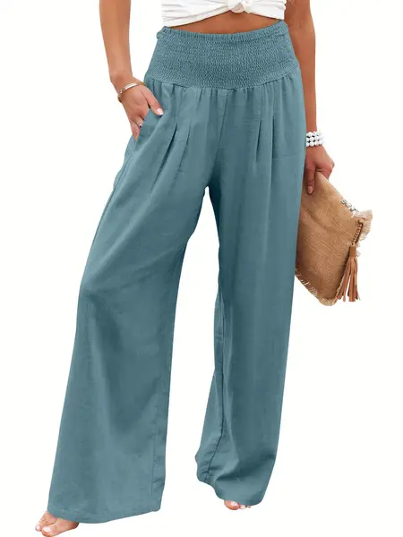 ANRABESS Women‘s Linen Palazzo Pants Summer Boho Wide Leg High Waist Casual Lounge Pant Beach Travel Comfortable Vacation Bottom Outfits