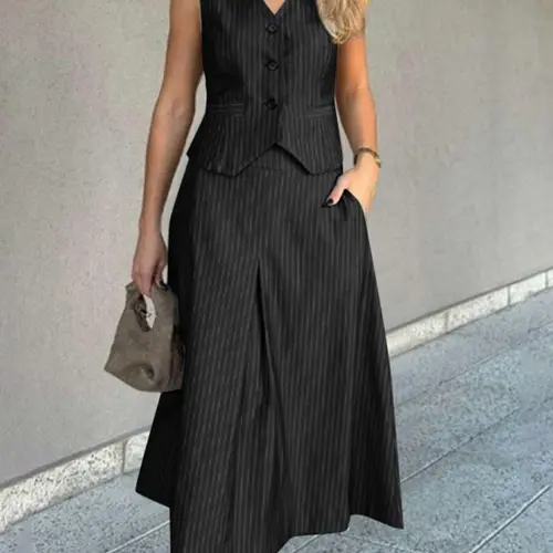 Women's Striped Print Vneck Vest & High Waist Skirt Two-piece Set Outfit, Boss Babe Outfit, Casual Sleeveless Button Front Top & A Line Skirt for Work Office Business, Ladies Summer Clothes, Womenswear