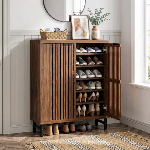 Spaco 6-Tier Lightweight Durable Wooden Shoe Rack Organizer - Home Organization Storage, Adjustable Shelving Solutions, Louvered Doors, Large Furniture-Style Indoor Floor Cabinet for Entryway, Hallway