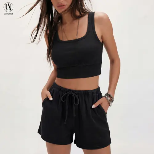 AUTOMET Women's  summer  two piece set - Sleeveless Matching , Chic Fade Craft Acid Wash Tank Top & Basic Spring Shorts, Y2K Comfortable Women's Clothes