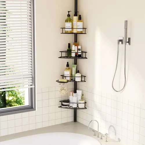 Black Stainless Steel Corner Shower Caddy Tension Pole - 4-Tier Adjustable Bathroom Organizer with Soap Holder, Rustproof Installation-Ready Shelves for Shower, Bathtub Shampoo Storage (30.7-118in) Bathroom Gadget, Water Proof