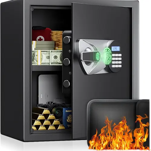 BlackSmith Solid Steel Alloy Home Safe Box - Home Safety Equipment, 1.5 Cubic Capacity, Fingerprint Lock, Keypad Lock, 2 Spare Keys, Dual Alarm System, Fireproof, LCD Screen, Type-C Power for Jewelry & Valuables