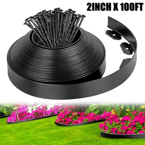 Black No-Dig PE Plastic Outdoor Landscape Edging Strip Kit - 2'' Tall 100FT (40ft/100ft No-Dig Edging Option), 120 Anchoring Stakes, Flexible Curve Design for Straight/Curved Lines, Defines Exterior Flower Beds/Playgrounds (Home Improvement Garden Supply)