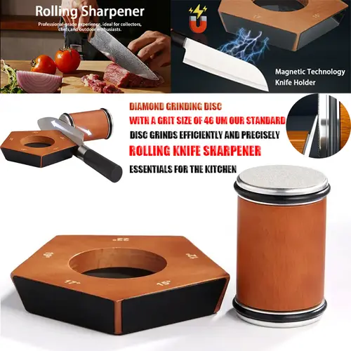Metal Wooden Durable Diamond Rolling Knife Sharpener Set - 12-15-17-19-22 Degree Angle, Blade Holder, 2-Sided Suction, Diamond Grinding Disc, Lightweight Kitchen Knife Essential Tool, No Battery, Excellent After-Sales Service,sohochic