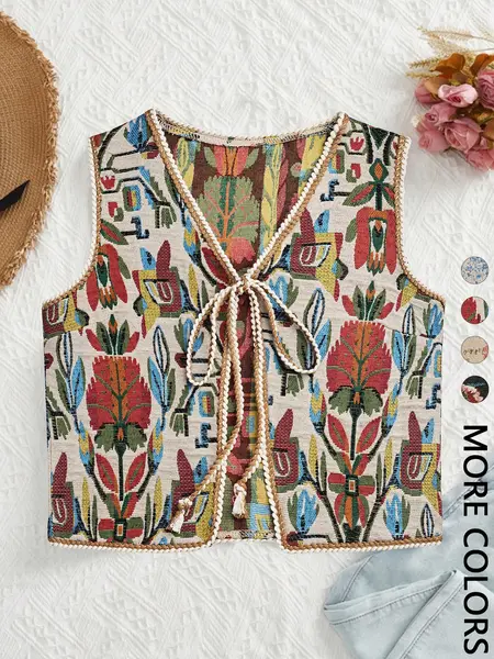 Women's Floral Pattern Tie Front Lightweight V Neck Sleeveless Casual Top Fit, Casual Comfy Vest, Fashion Boho Sleeveless Outerwear for Beach Vacation Holiday, Ladies Clothes for All Seasons, Womenswear